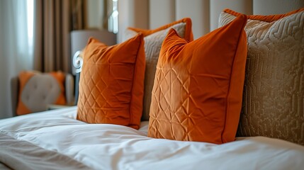 an AI to generate a poetic and sensory-rich narrative centered around the intimacy conveyed in an image showcasing a bed with light orange soft pillows and an elegant headboard up close