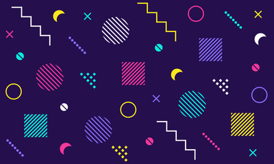 Group of retro design elements. Pattern from geometric shapes in Memphis 80s-90s style. Use in web design, invitation, poster, print. Vector illustration.