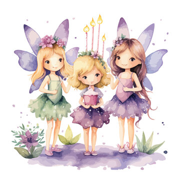 Watercolor Birthday Fairies Clipart 