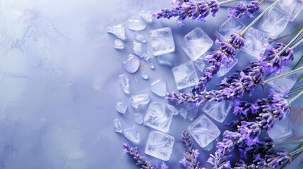 Lavender flowers encapsulated in clear ice cubes on a white surface with water droplets, suggesting freshness and natural beauty.