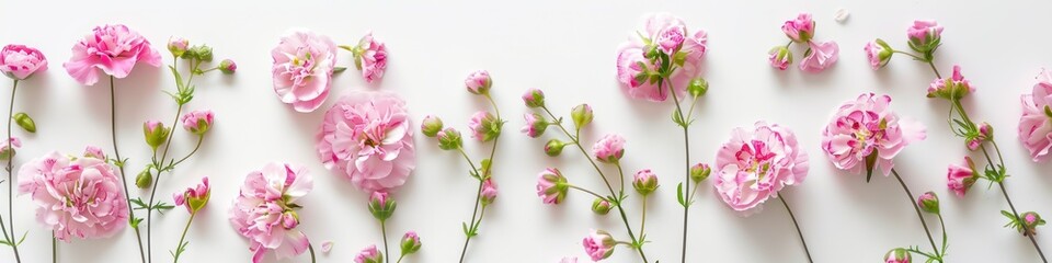 Pink flowers on white background. Flat lay, top view, copy space