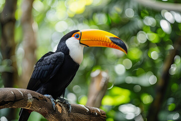 Obraz premium Toucan sitting on the branch in the forest, green vegetation