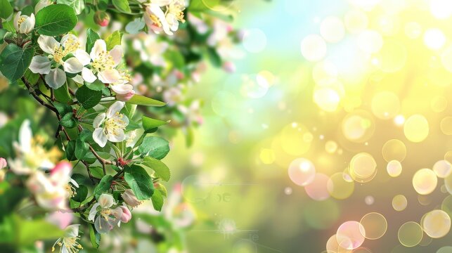 White apple blossoms with a sparkling, bokeh background, depicting springtime and freshness, suitable for environmental and purity themes.