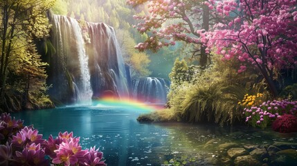 Fototapeta na wymiar Enchanting fantasy landscape with cherry blossoms, a waterfall, and a rainbow over tranquil water, perfect for mystical and nature themes.