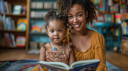 Woman Reading Book to Little Girl in the library