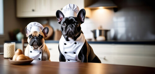 Banner with French Bulldogs in white chef's hat and chef's uniform at kitchen table with space for text. Pet store concept, dog food, balanced nutrition, pet care, premium pet food