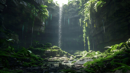 A serene waterfall hidden deep within a moss-covered canyon, with sunlight filtering through the canopy above - obrazy, fototapety, plakaty