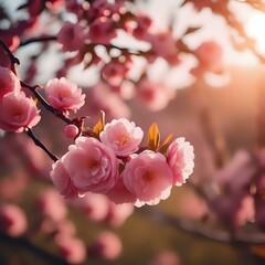 Obraz premium Spring’s Embrace: Sunset Amidst Blossoming Splendor