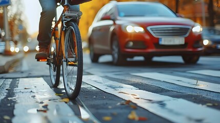 Car accident at a pedestrian crossing involving a cyclist and a car highlighting a violation of traffic rules. Concept Car Accident, Pedestrian Crossing, Traffic Violation, Cyclist, Car - obrazy, fototapety, plakaty