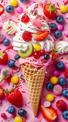 Obraz na płótnie Canvas An ice cream cone with fruits with lot of colorful and pop candy and sauce