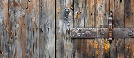 A closeup image of a hardwood door with a metal hinge, showcasing the intricate wood grain pattern and natural beauty of the wood stain