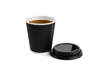 A disposable dark color take out coffee cup full of coffee with creamer or milk with the lid off  isolated on white