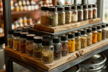 An industrial-style metal podium featuring neatly stacked spice jars and condiments. - obrazy, fototapety, plakaty