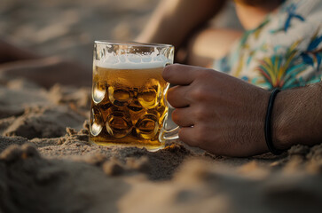 Man resting on the beach, drinking beer, relaxation on the beach, cold beer, unwinding after work, non-alcoholic beer on the beach, NoLo, vacation, carefree relaxation, refreshing beverages.