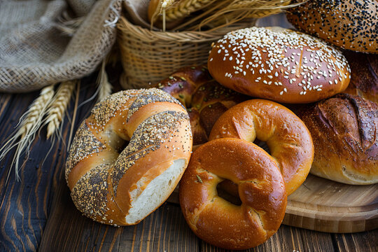 Variety of bread, bagels and two wheat-ears