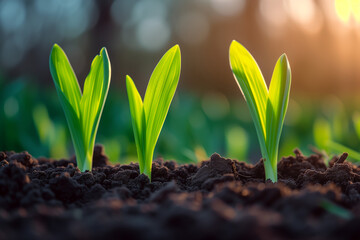 Close-up of fresh green shoots emerging from the soil, symbolizing renewal and new beginnings, soft natural light to highlight the vibrant green and delicate texture