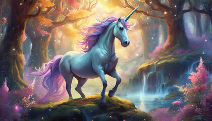 Obraz na płótnie Canvas Unicorn in a magic forest, illustration