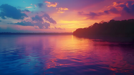 Fototapeta na wymiar A stunning summer sunset over a tranquil lake, with hues of orange, pink, and purple reflecting on the water's surface