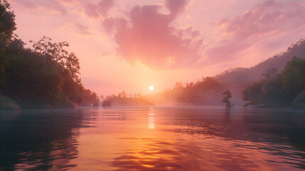 A stunning summer sunset over a tranquil lake, with hues of orange, pink, and purple reflecting on the water's surface