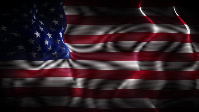 United States of America (USA) flag waving in the wind on black background. Concept of patriotism, statehood and national identity. Flapping American flag made of wavy digital lines, 4K looped video