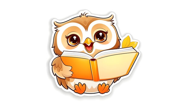 A sticker featuring a cute baby owl reading a book on a white background