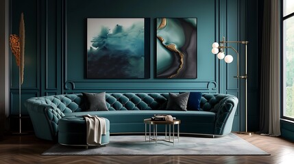an AI to visualize a luxurious modern living room with a chic dark sky color curved tufted sofa and pouf against teal classic wall panels. Request the integration of vibrant 