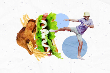 Composite photo collage of young man panama karate judo kick junk food fast food hot dog fried chicken fries isolated on painted background