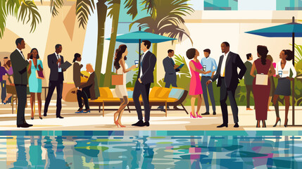 Depicting business travelers mingling with local professionals or relaxing at the hotel.
