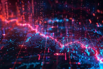 A neon glowing stock market chart on a dark cyberpunk background.