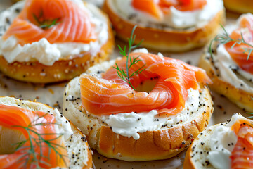 Close-up of bagels with cream cheese and smoked salmon, ideal for food blogs and menus.