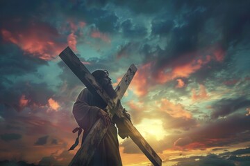 A powerful representation of Jesus Christ carrying the cross, epitomizing endurance, sacrifice, and redemption against a dramatic sky. - obrazy, fototapety, plakaty