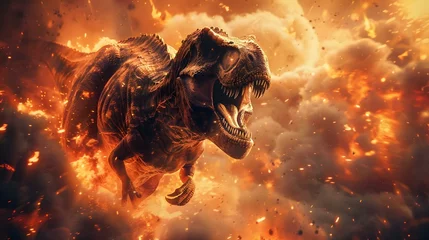 Foto op Plexiglas Tyrannosaurus Rex dinosaur escaping from wildfires in a worldwide disaster. Concept Disaster, Wildfire, Dinosaur, Tyrannosaurus Rex, Escape © Anastasiia