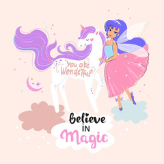 Cute unicorn and fairy in space on a pink background. Vector illustration for t-shirt design, nursery for kids in boho style - 763337918