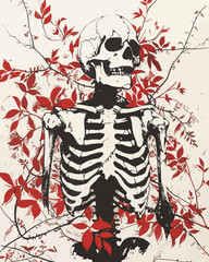 Illustration of Skeleton with Red Plants