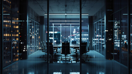 Background meeting room with large windows in the tall building - obrazy, fototapety, plakaty