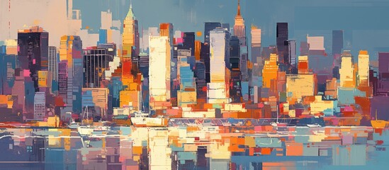 A vibrant cityscape painting, with towering skyscrapers and bustling streets reflecting in the water