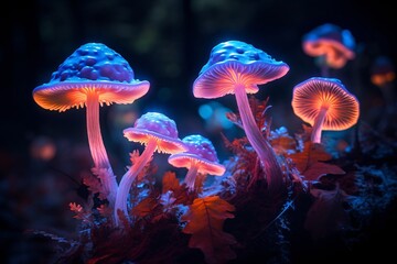a group of mushrooms with purple lights - obrazy, fototapety, plakaty