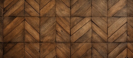 A close up of a hardwood wall with a geometric pattern in shades of brown, showcasing symmetry and rectangles. The wood stain enhances the beauty of the plywood flooring
