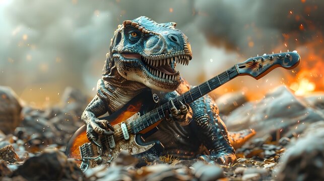 Tyrannosaurus rex dinosaur playing electric guitar in a whimsical surreal digital artwork. Concept Whimsical Art, Dinosaur, Electric Guitar, Surreal, Digital Art