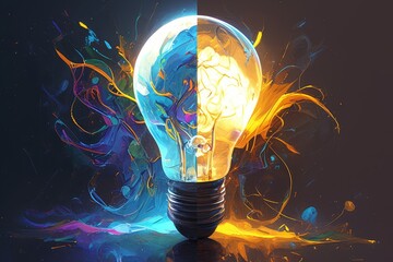 A vibrant illustration of two light bulbs, one half shaped like an open brain with colorful neural connections and the other half glowing brightly. 