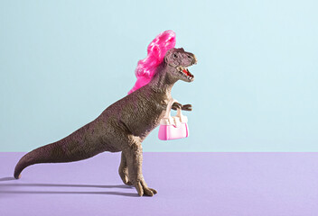 Funny dinosaur wears pink hair and holds pink bag on blue violet background.
