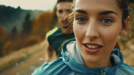 Couple jogging on a forest path, fictional place, trees and mead