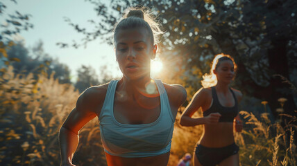 best friend or sibling or a lesbian couple jogging on a forest p - obrazy, fototapety, plakaty