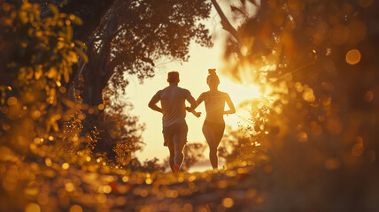 A couple jogging on a forest path, fictional place, trees and me - obrazy, fototapety, plakaty