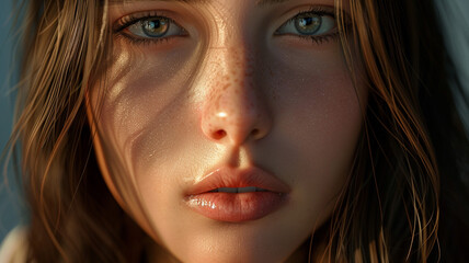 close-up caucasian woman with freckles, beauty and youthful youn - obrazy, fototapety, plakaty