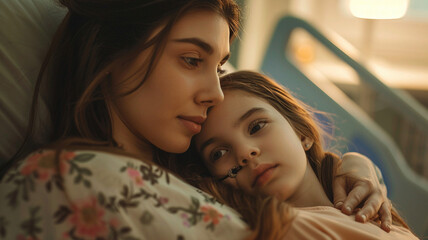 Dramatic and sad, a mother cuddles with her daughter a little bo