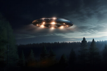 Fototapeta na wymiar Alien spaceship UFO flying over a forest at night