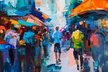 An abstract oil painting of a bustling market street, vibrant with colors, people, and activity, captured in a spontaneous style. - obrazy, fototapety, plakaty