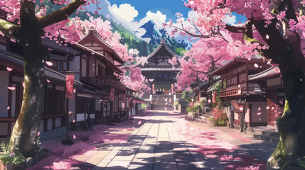 Japanese Traditional Village Illustration with Cherry Blossom tress in Spring