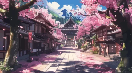 Gardinen Japanese Traditional Village Illustration with Cherry Blossom tress in Spring © Hungarian